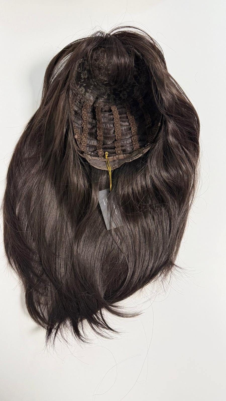 Perucă Sintetică "Dark Elegance" – Șaten Închis cu Breton și Păr Lung