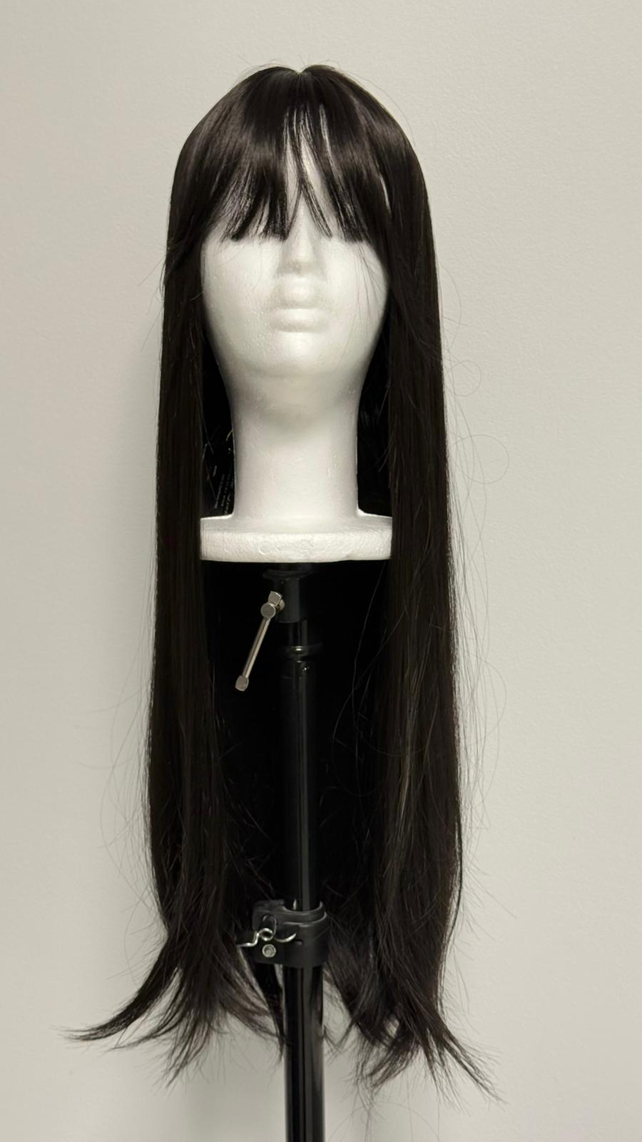 Perucă Sintetică "Midnight Sleek" – Negru Intens, Lungă cu Breton