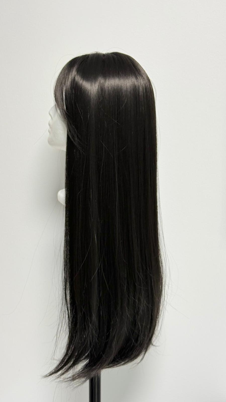 Perucă Sintetică "Midnight Sleek" – Negru Intens, Lungă cu Breton